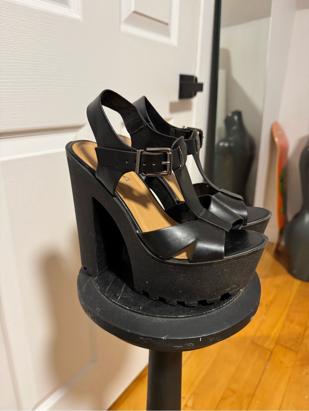 Black Platform T-Strap High Heel Sandals